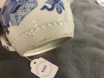 A Chinese blue and white 'antiquities' teapot and cover, Kangxi
